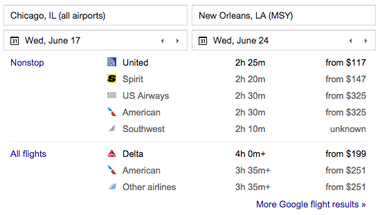 Google Flights search results