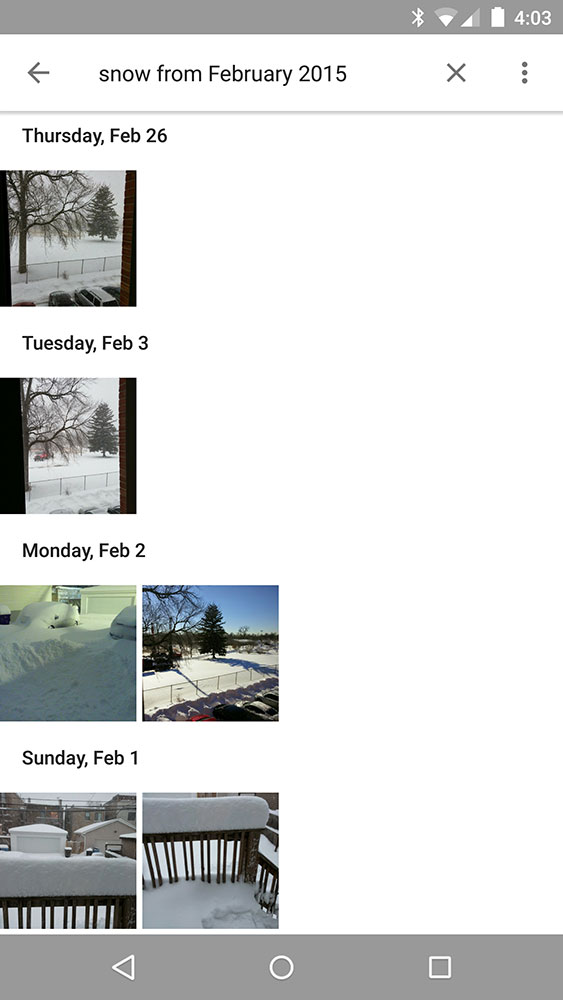 Google Photos search for 'snow from February 2015'