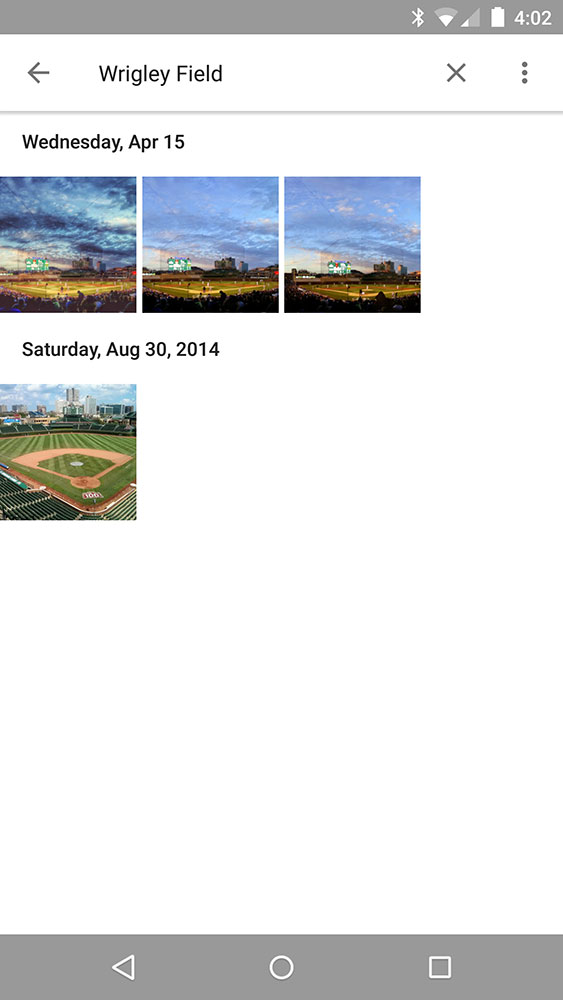 Google Photos search for Wrigley Field