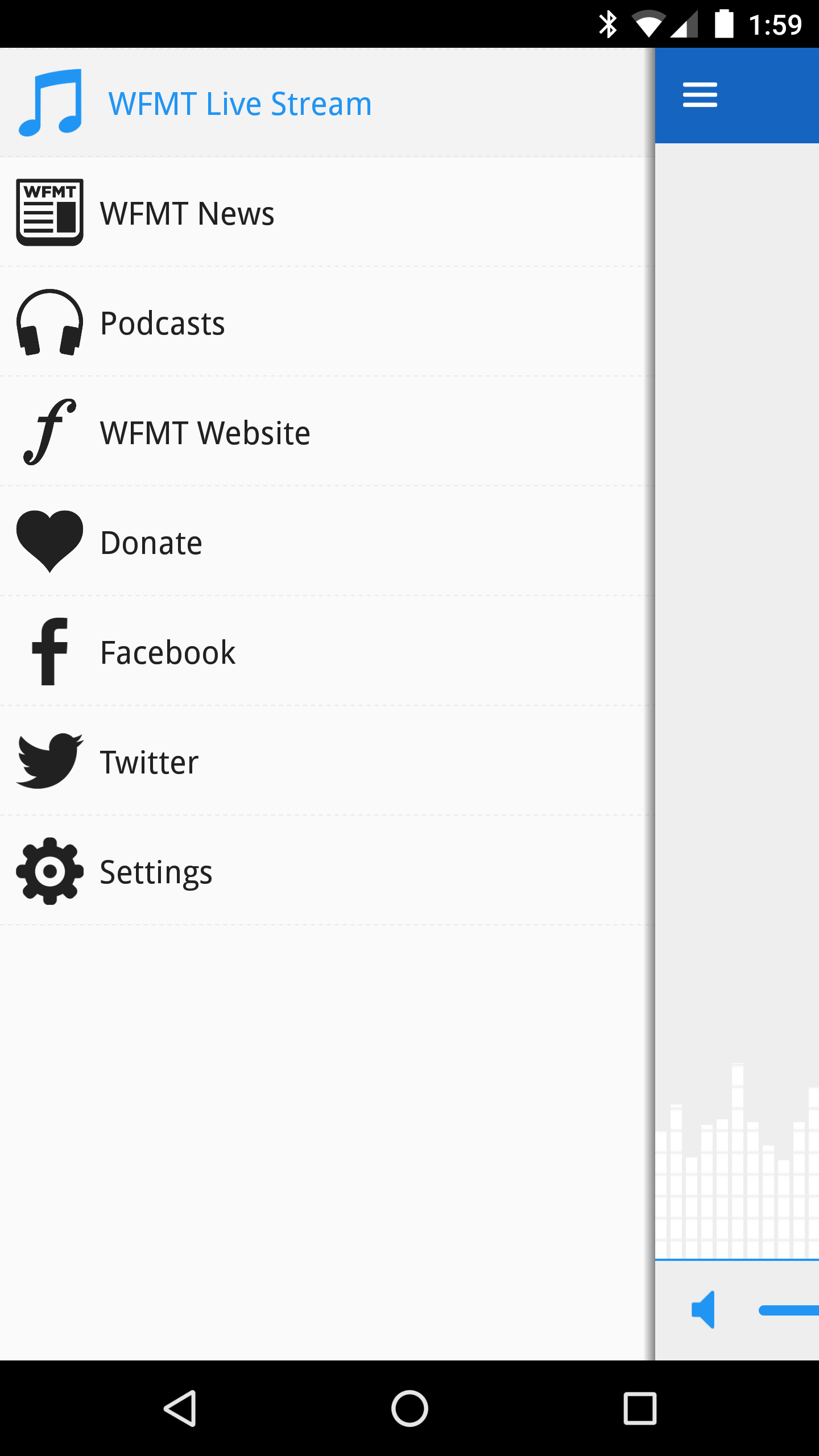 WFMT Android app menu