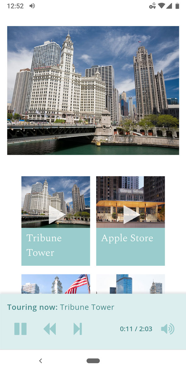 Mobile screenshot of the Chicago River Tour audio tour